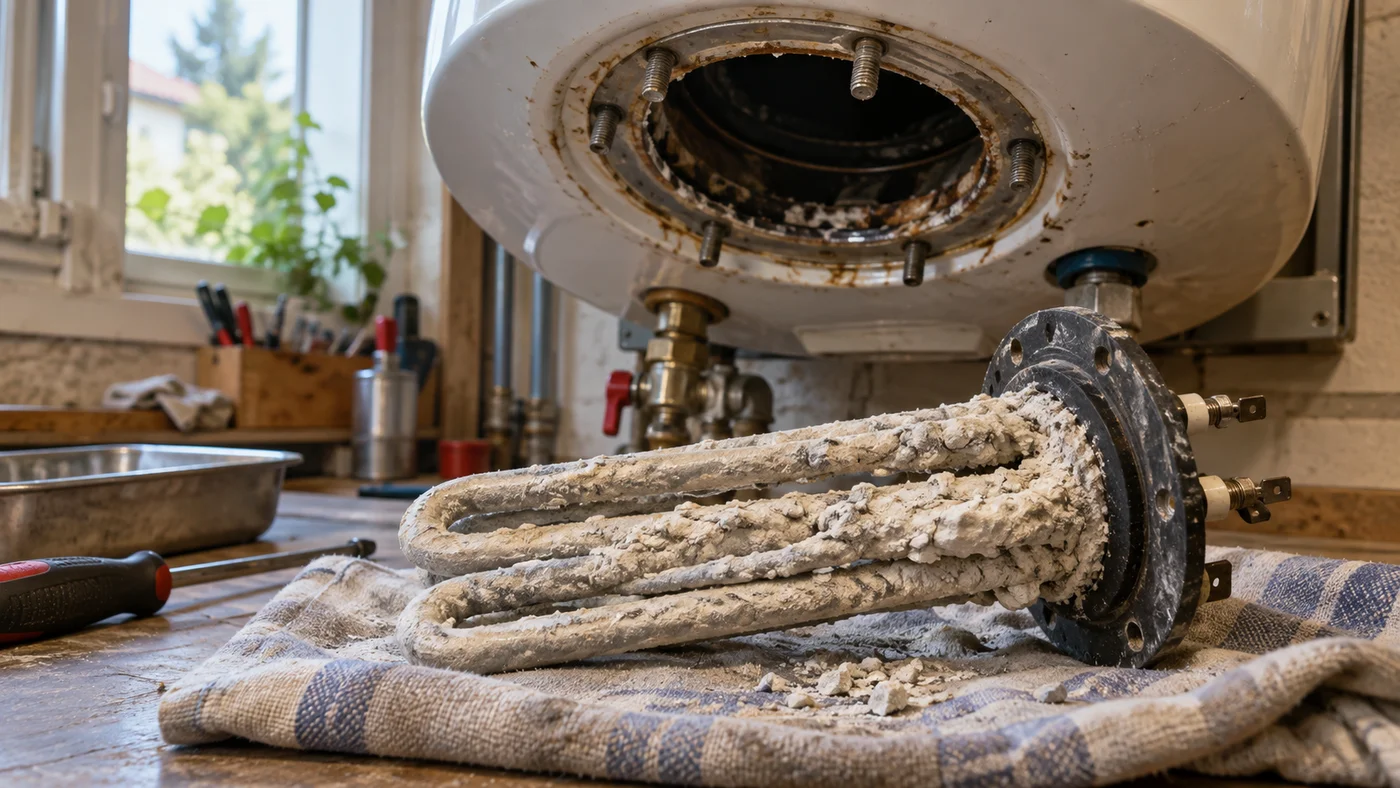 Detail spodní části zásobníku ohřívače vody s přírubou topného tělesa
