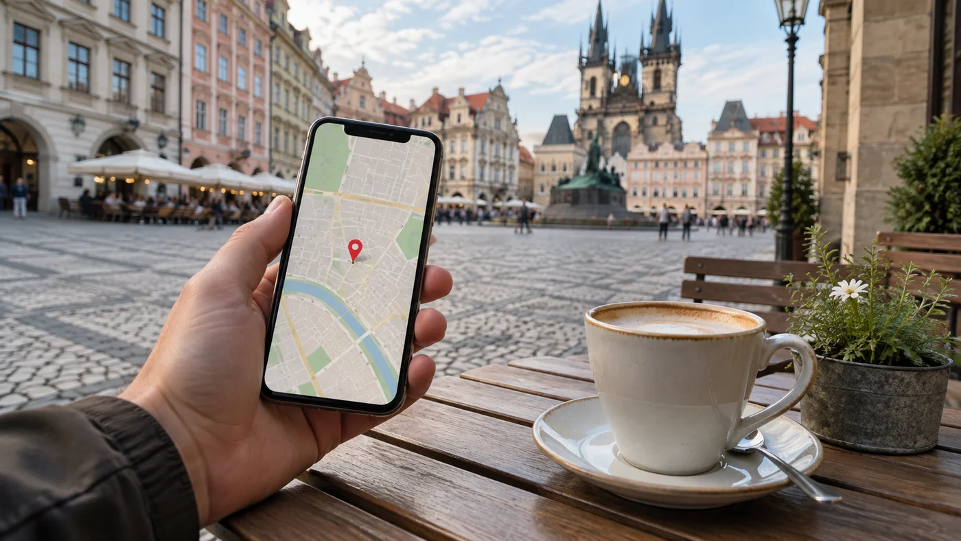 Ruka drží telefon s mapou a polohou na stole kavárny na náměstí evropského města