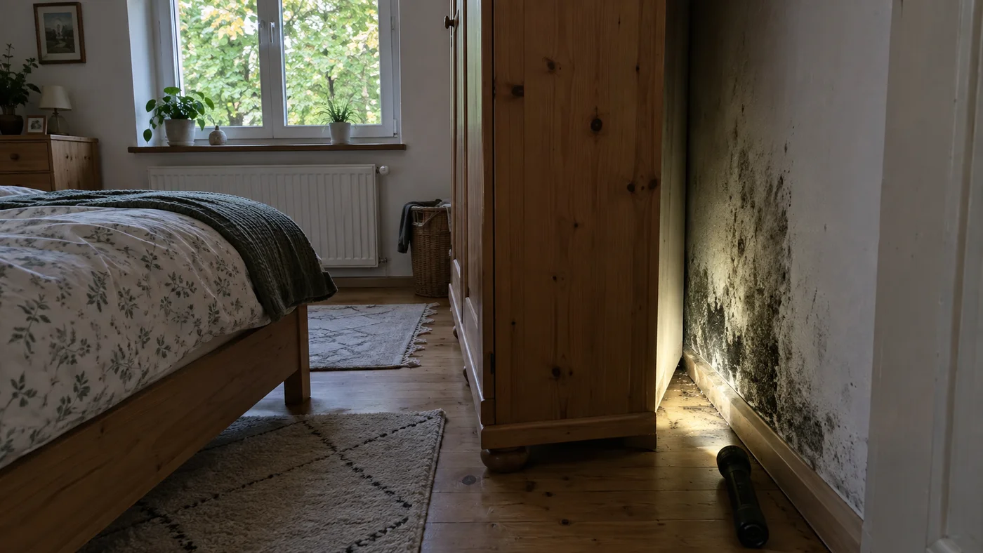 Skříň odsunutá od obvodové stěny a za ní tmavá plíseň v rohu místnosti