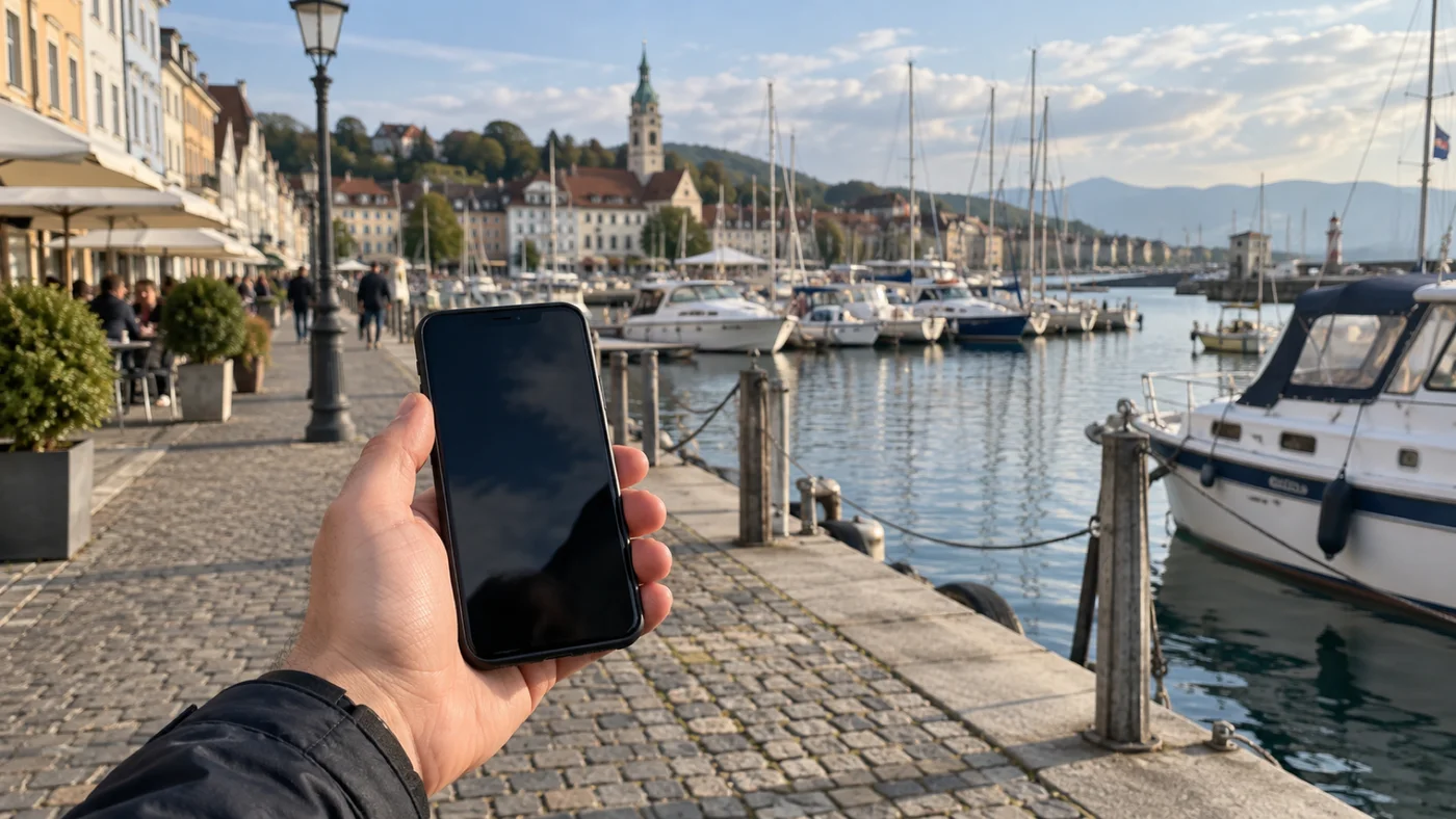 Ruka drží telefon na nábřeží evropského města, v pozadí lodě u mola