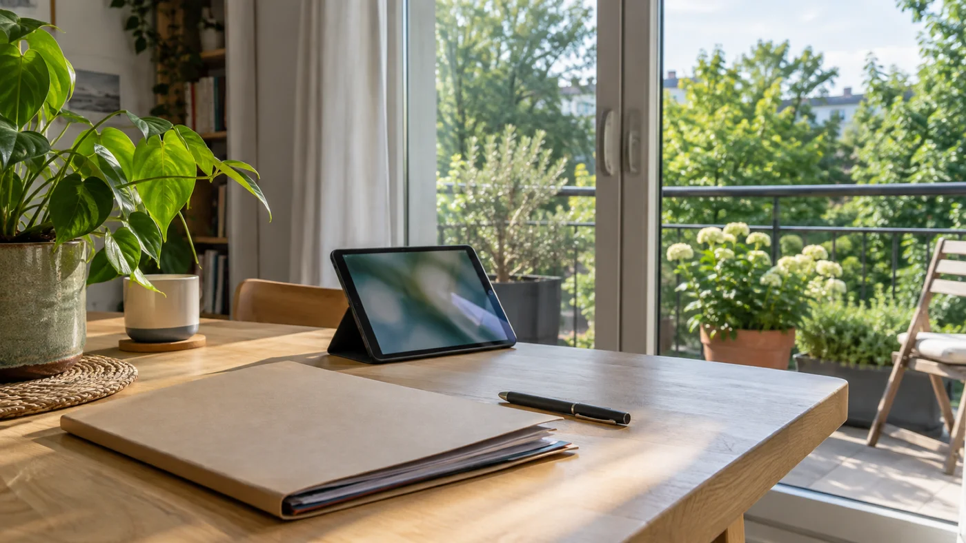 Složka s dokumenty, propiska a tablet na pracovním stole