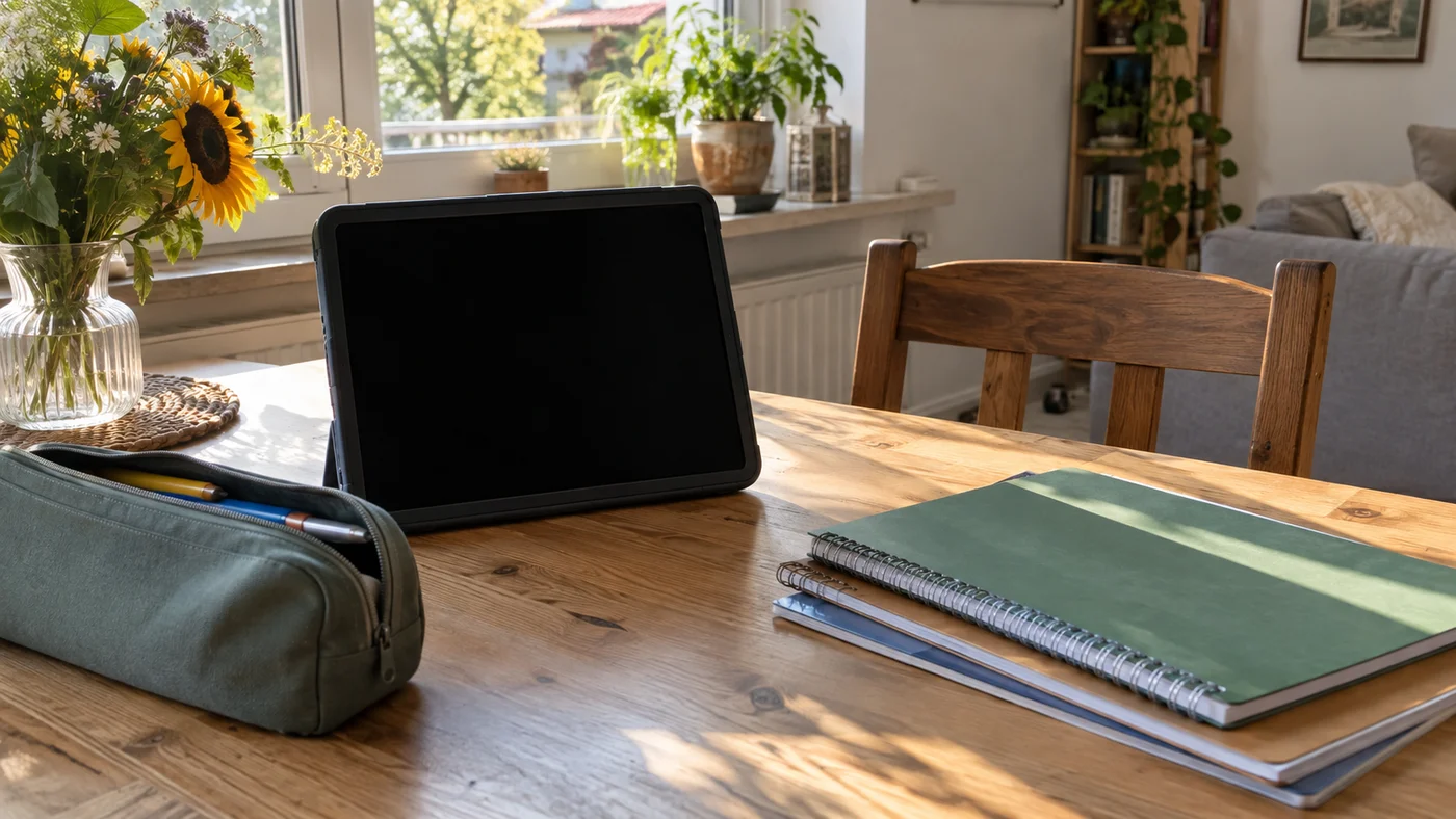 Tablet v pevném ochranném obalu vedle sešitů a penálu