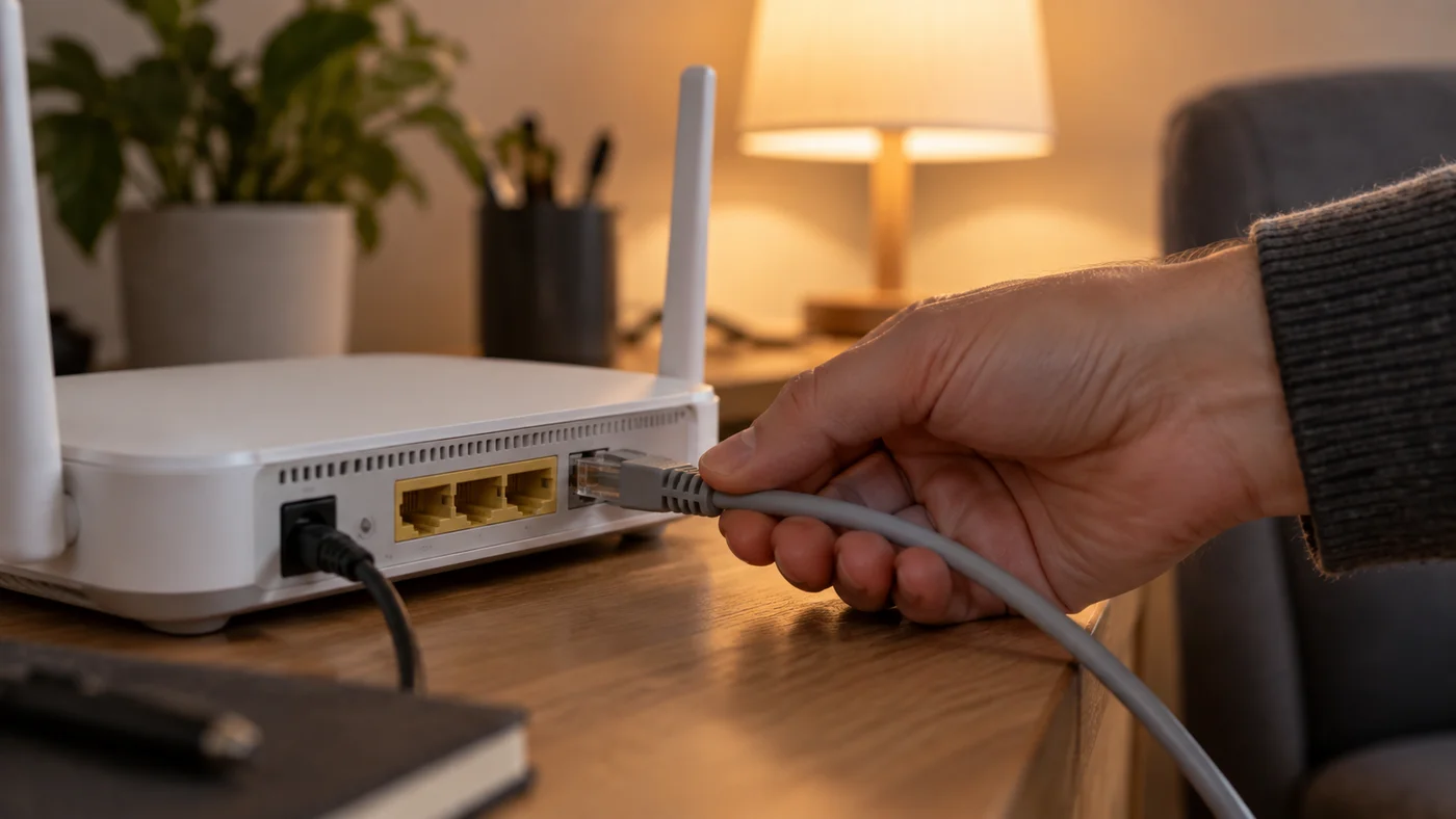 Ruka odpojuje síťový kabel od routeru při zkoušce chytré domácnosti bez internetu