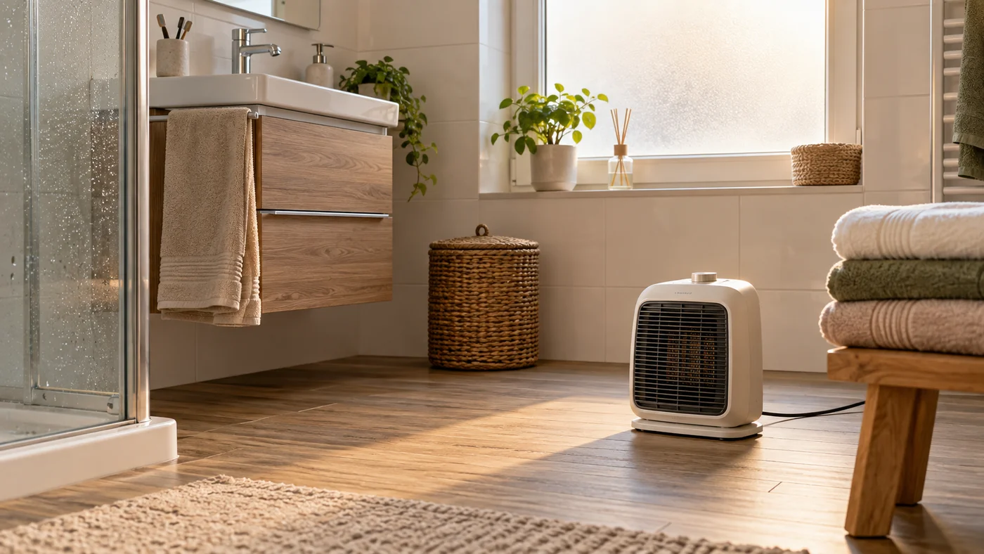Elektrický topný ventilátor na dřevěné podlaze v koupelně s odstupem od ručníků
