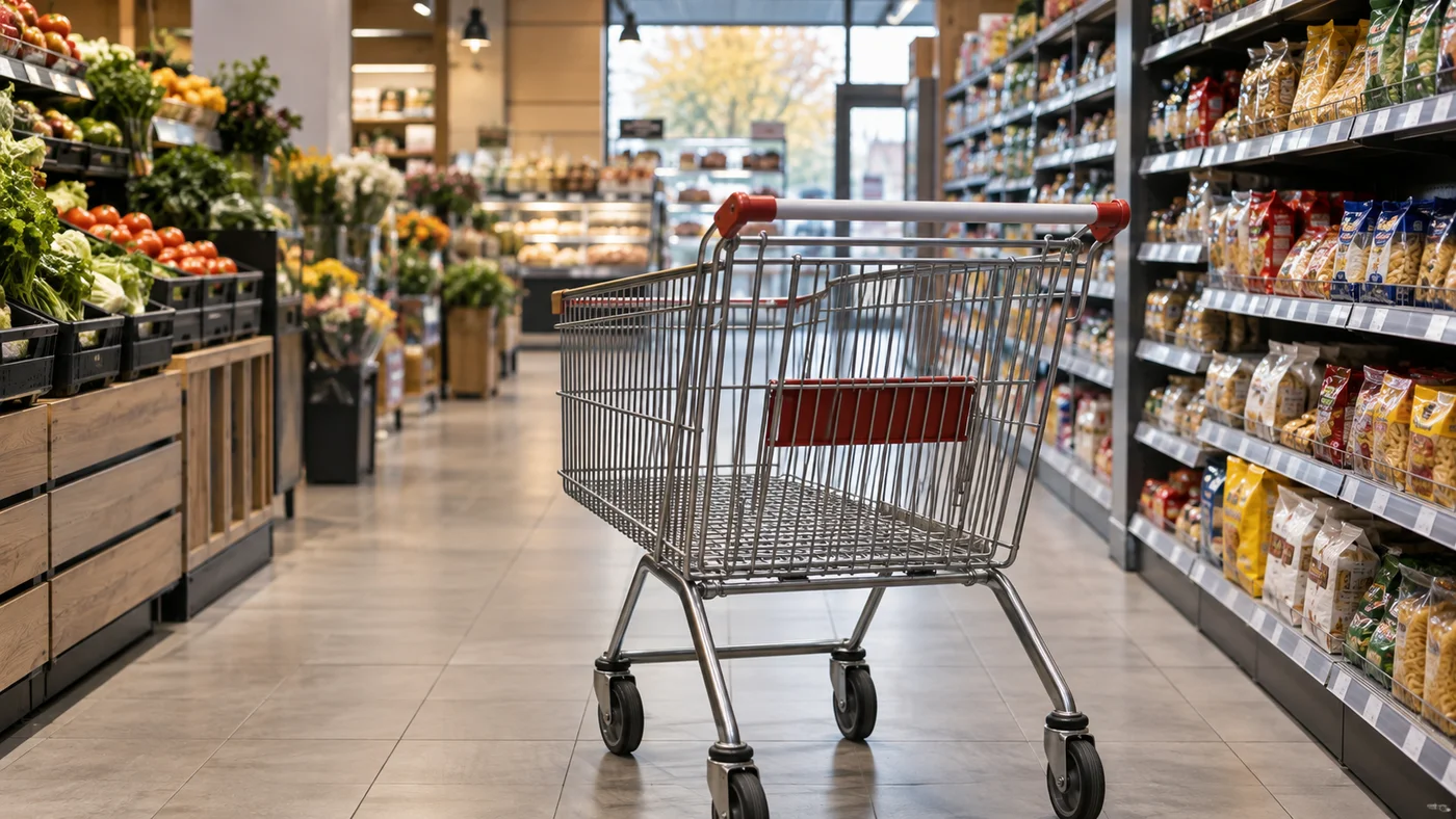 Nákupní vozík v uličce supermarketu s policemi ve stejných barvách