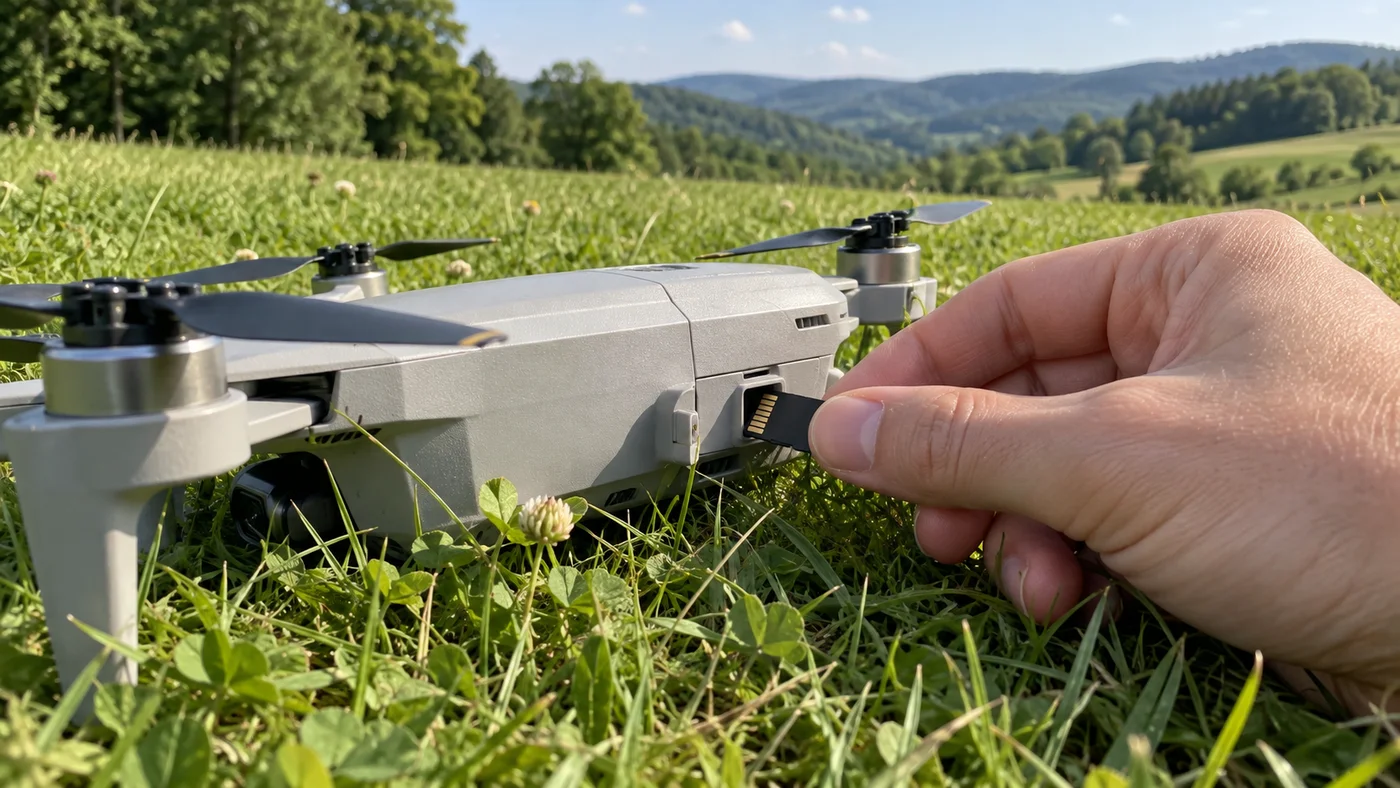 Kartu microSD vkládá ruka do slotu v boku dronu na trávě