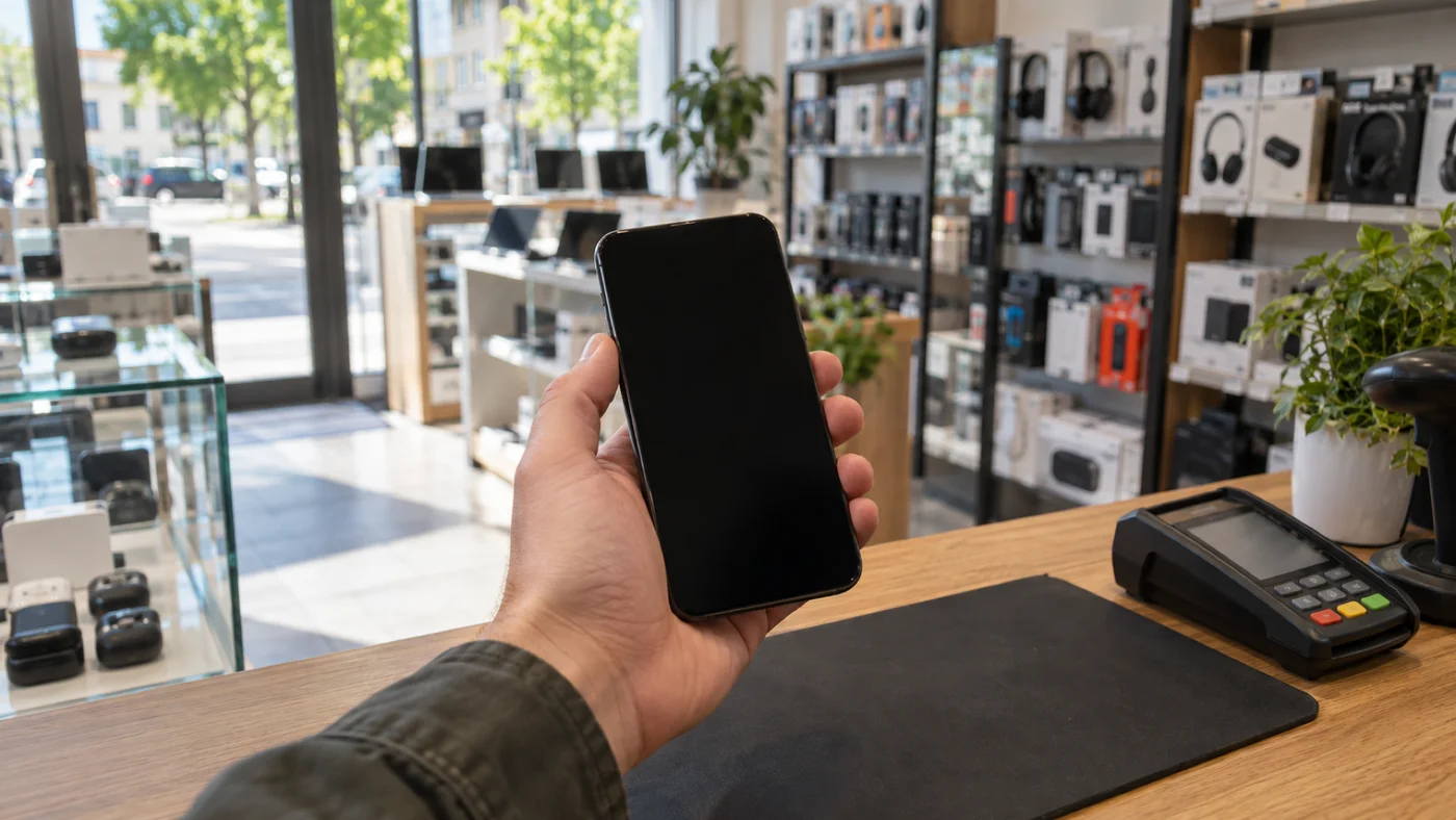 Ruka s telefonem u pokladny v obchodě s elektronikou
