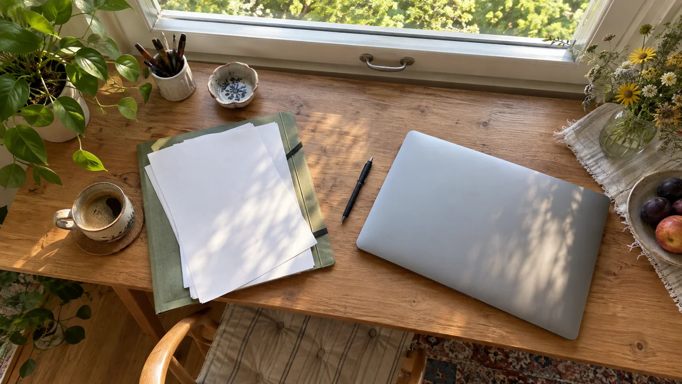 Složka s bankovními výpisy, propiska a zavřený notebook na stole