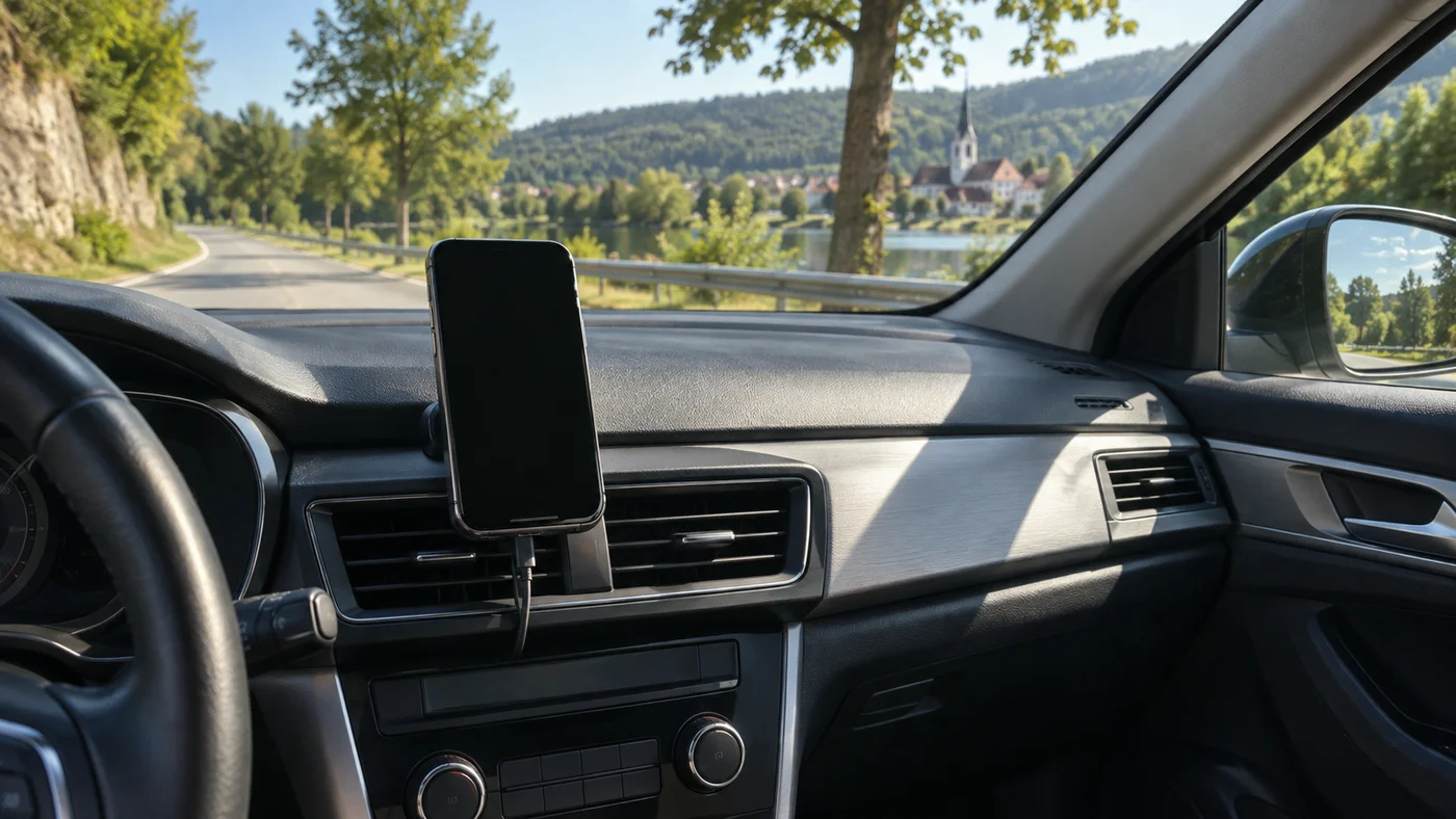 Telefon v držáku na mřížce ventilace v autě za slunného dne, pod ním vede kabel