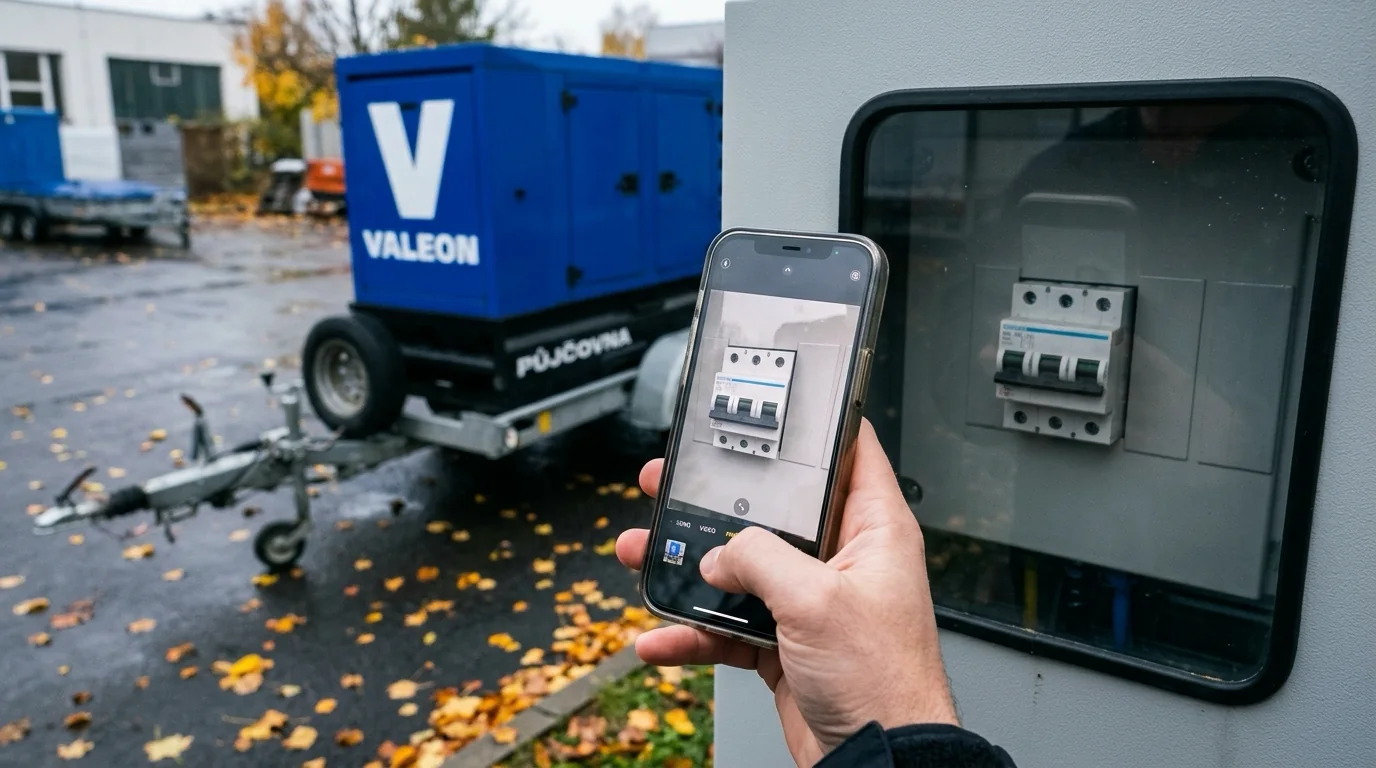 Telefon fotí přes okénko zaplombovaného rozvaděče třípólový hlavní jistič, v pozadí elektrocentrála