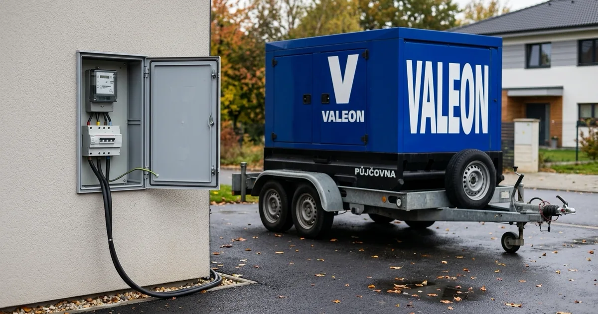 Elektroměrová skříň s otevřenými dvířky na fasádě domu a modrá elektrocentrála na přívěsu na mokré příjezdové cestě