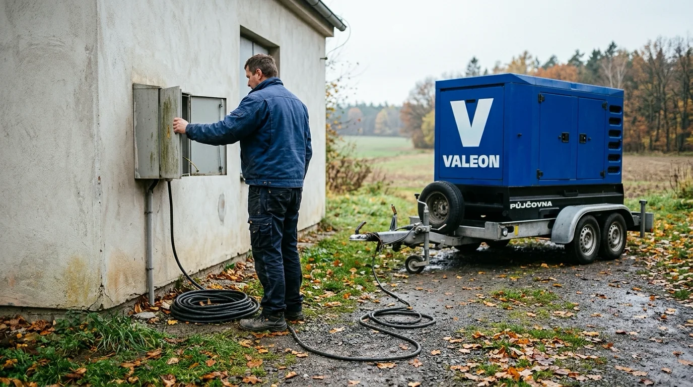 Elektrikář u fasády čerpací stanice vody kontroluje přípojnou skříň, vedle stojí modrá elektrocentrála na přívěsu