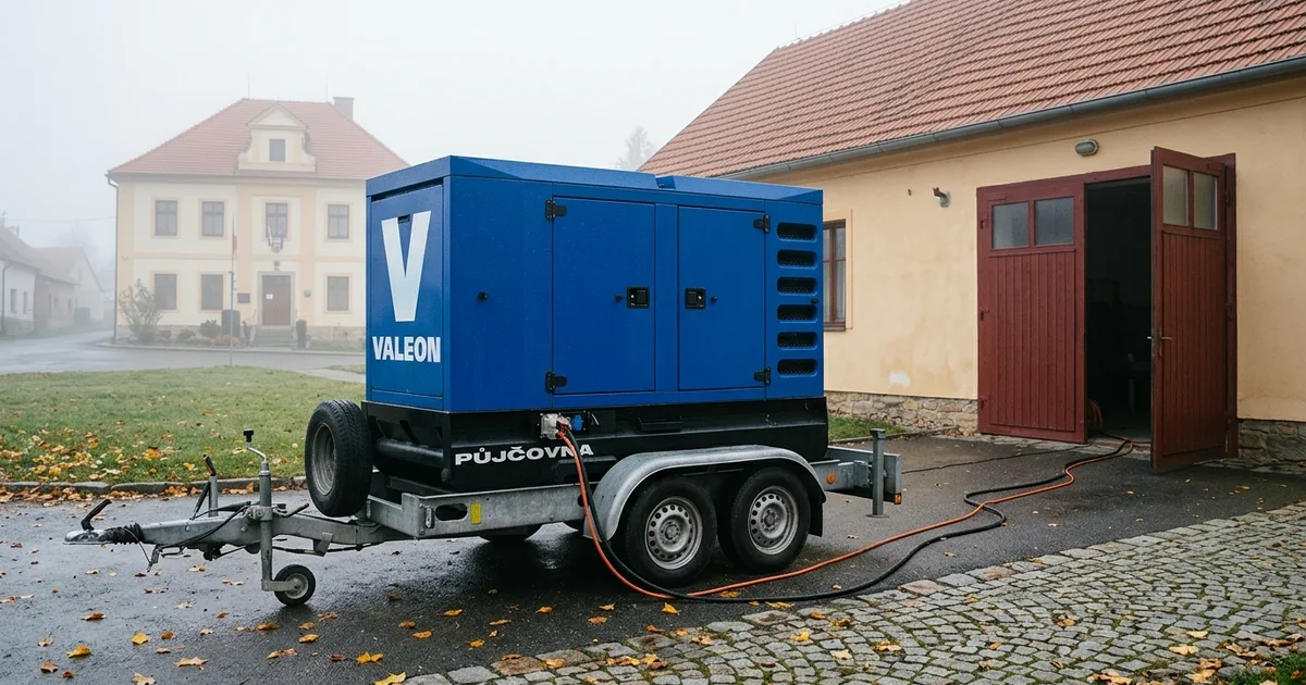 Obecní úřad a hasičská zbrojnice na návsi v listopadové mlze, před nimi modrá elektrocentrála na přívěsu