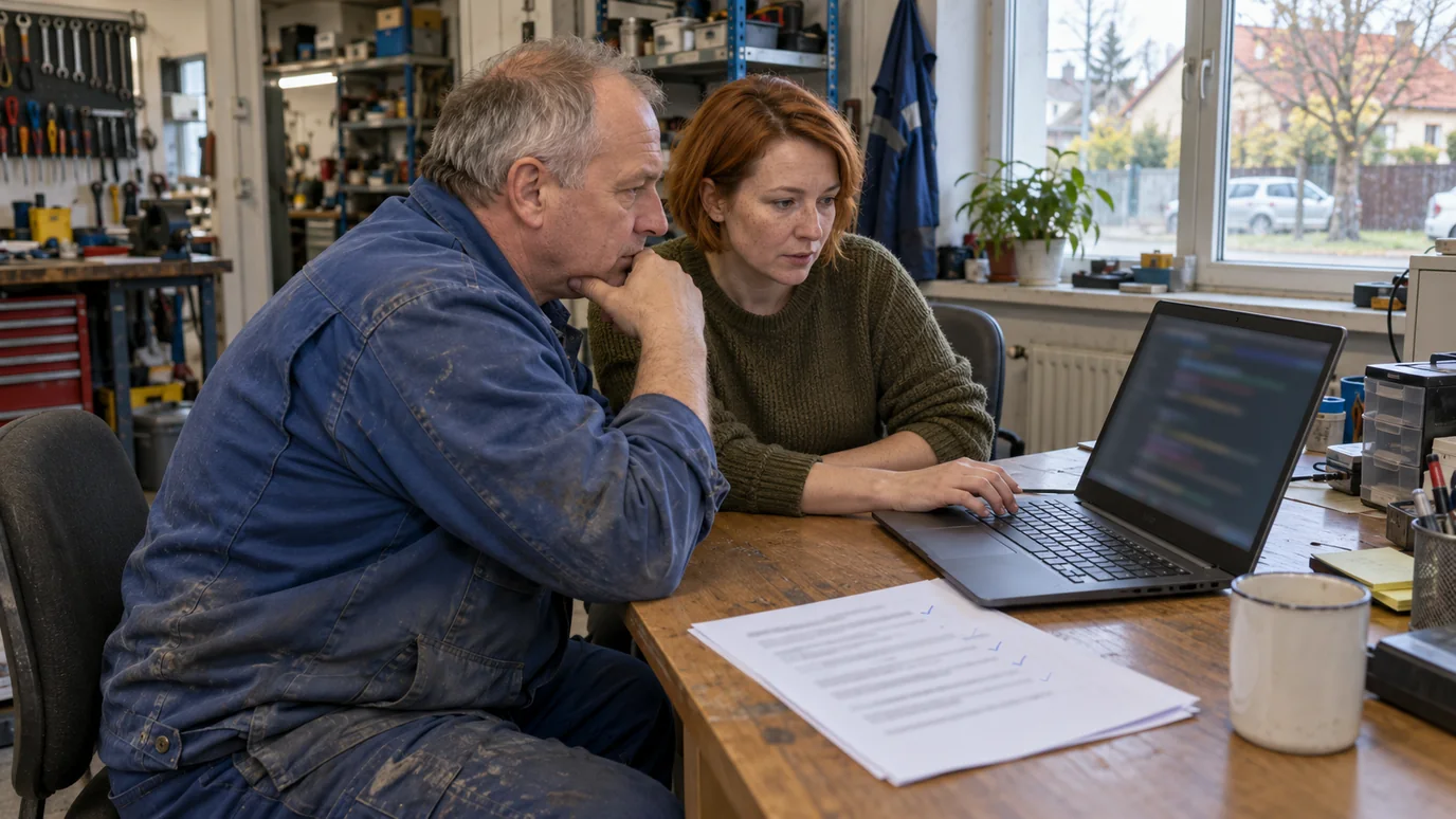 Technik servisu a webař spolu procházejí kód webu, vedle leží seznam nálezů s odškrtáním